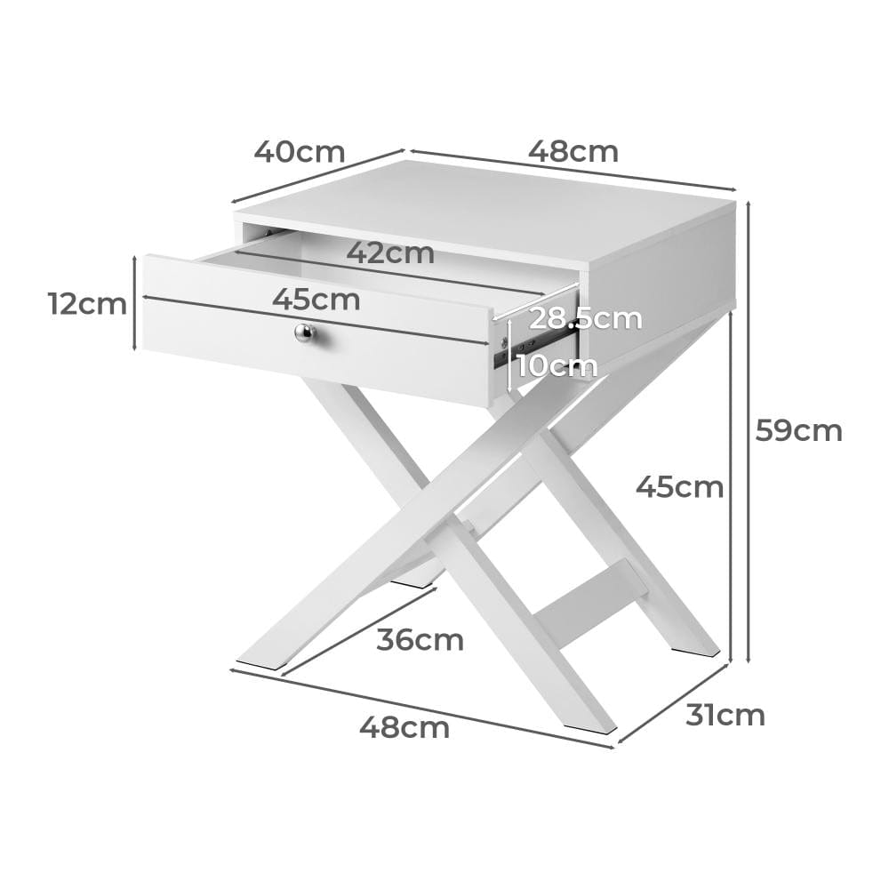 Oikiture Bedside Table Bedside Table with Wooden Frame and Cross Base Side Table Nightstand White