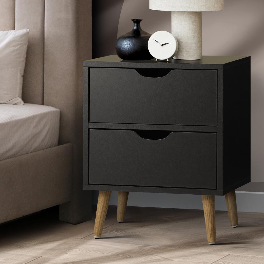 Oikiture Bedside Table Bedside Tables 2 Drawers Side Table Bedroom Furniture Storage Black