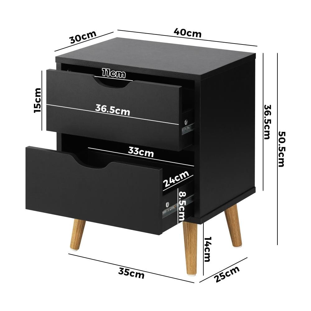 Oikiture Bedside Table Bedside Tables 2 Drawers Side Table Bedroom Furniture Storage Black