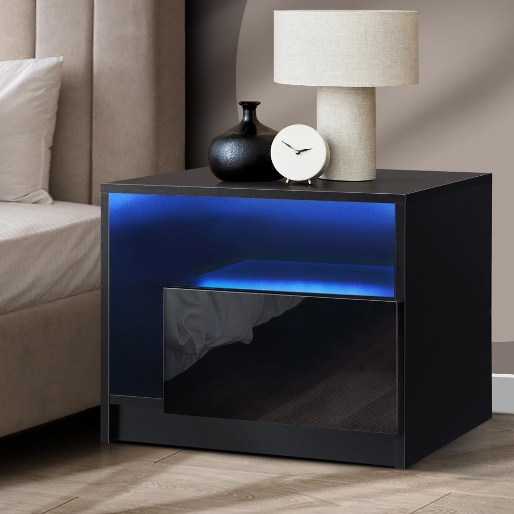 Oikiture Bedside Table Bedside Tables RGB LED Side Table Drawers High Gloss Nightstand Black