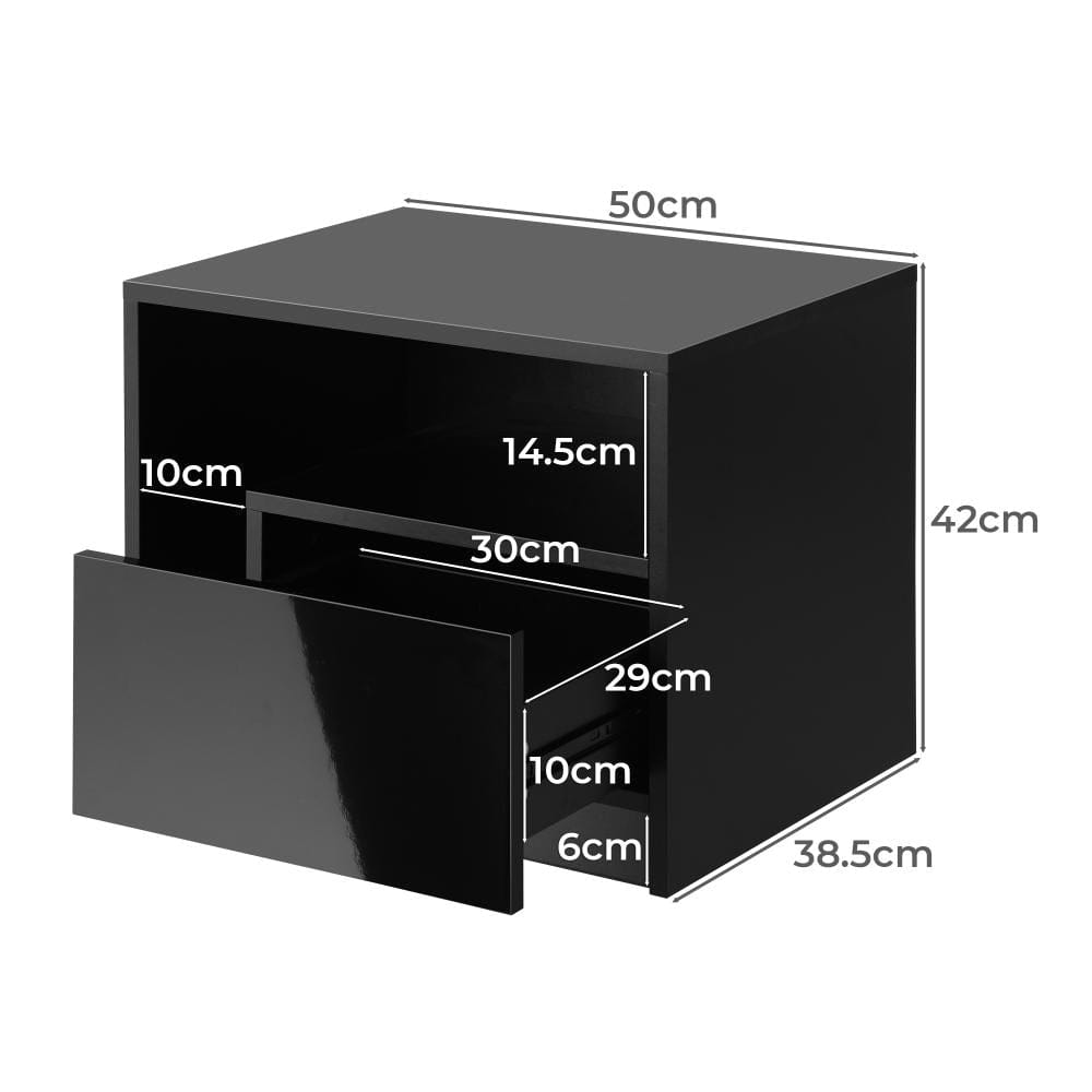 Oikiture Bedside Table Bedside Tables RGB LED Side Table Drawers High Gloss Nightstand Black
