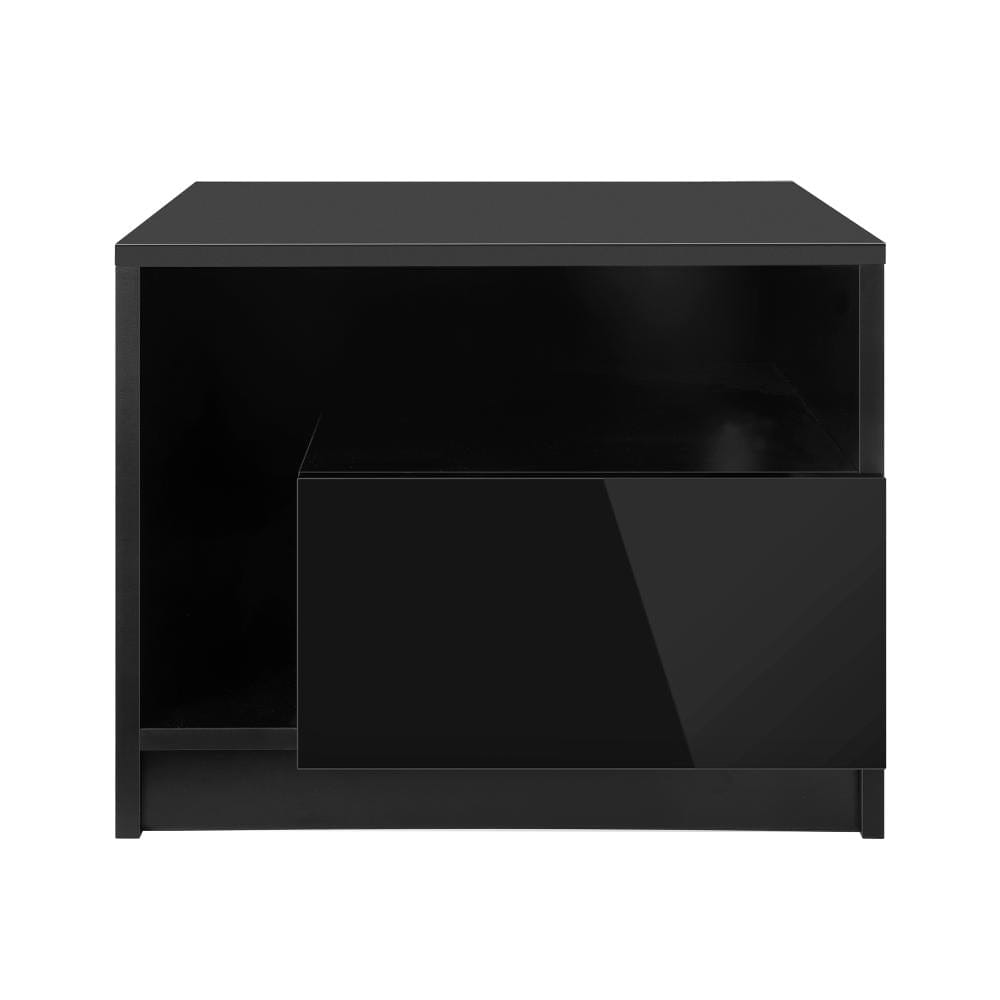 Oikiture Bedside Table Bedside Tables RGB LED Side Table Drawers High Gloss Nightstand Black
