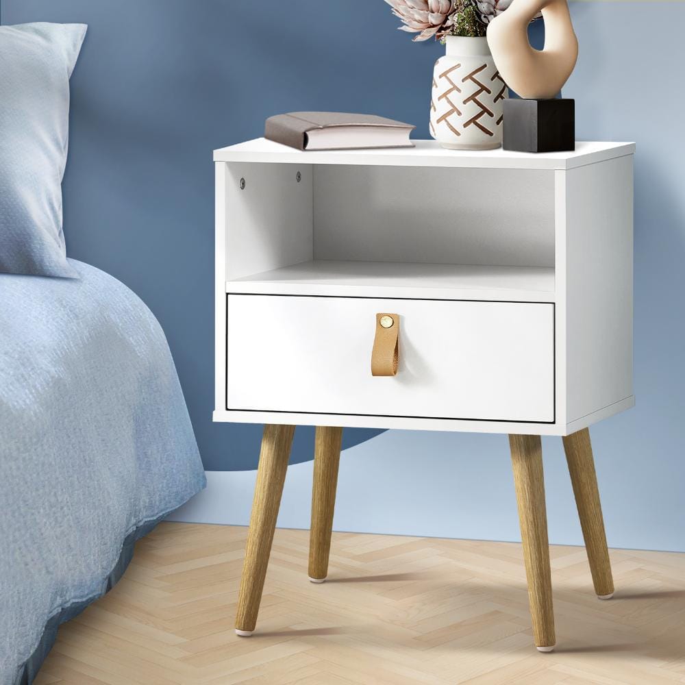 Oikiture Bedside Table Bedside Tables Side Table Drawer Cabinet w/ Leather Handle White