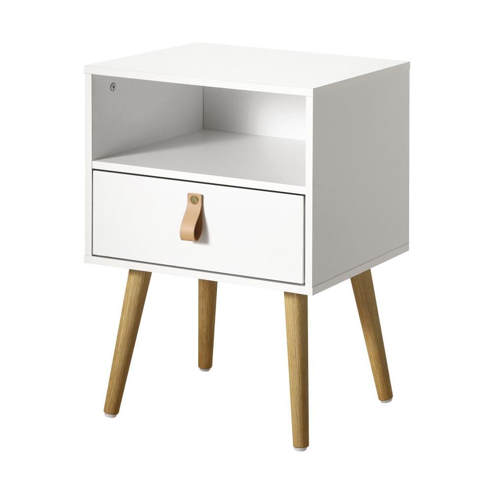 Oikiture Bedside Table Bedside Tables Side Table Drawer Cabinet w/ Leather Handle White
