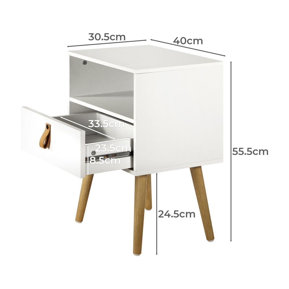 Oikiture Bedside Table Bedside Tables Side Table Drawer Cabinet w/ Leather Handle White