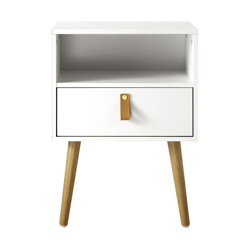 Oikiture Bedside Table Bedside Tables Side Table Drawer Cabinet w/ Leather Handle White