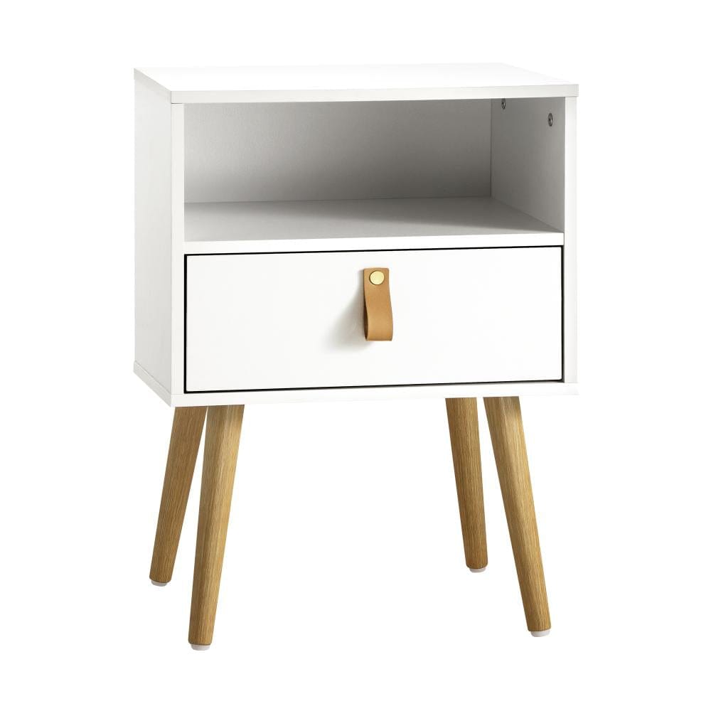 Oikiture Bedside Table Bedside Tables Side Table Drawer Cabinet w/ Leather Handle White