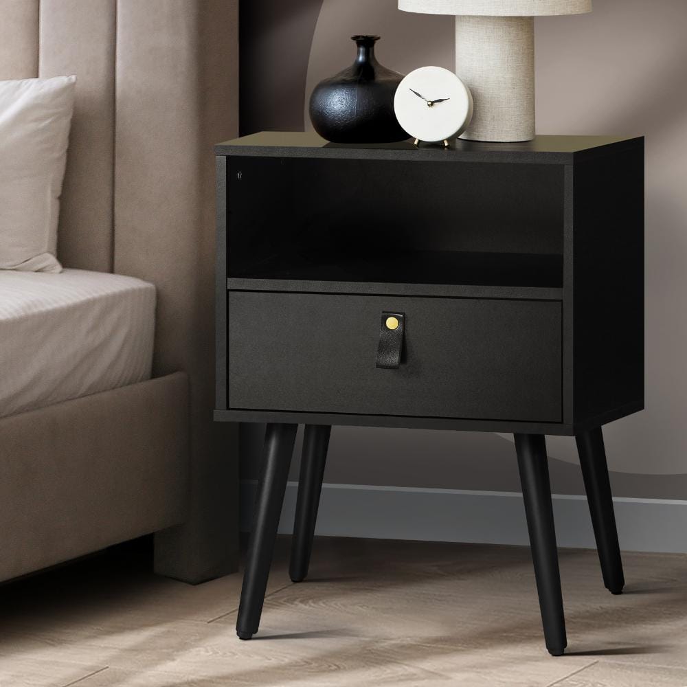 Oikiture Bedside Table Bedside Tables Side Table Drawer Storage Cabinet w/ Leather Handle Black