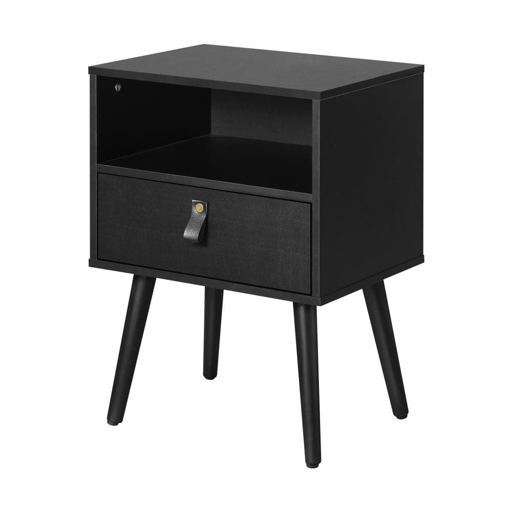 Oikiture Bedside Table Bedside Tables Side Table Drawer Storage Cabinet w/ Leather Handle Black