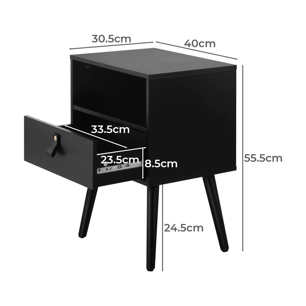 Oikiture Bedside Table Bedside Tables Side Table Drawer Storage Cabinet w/ Leather Handle Black