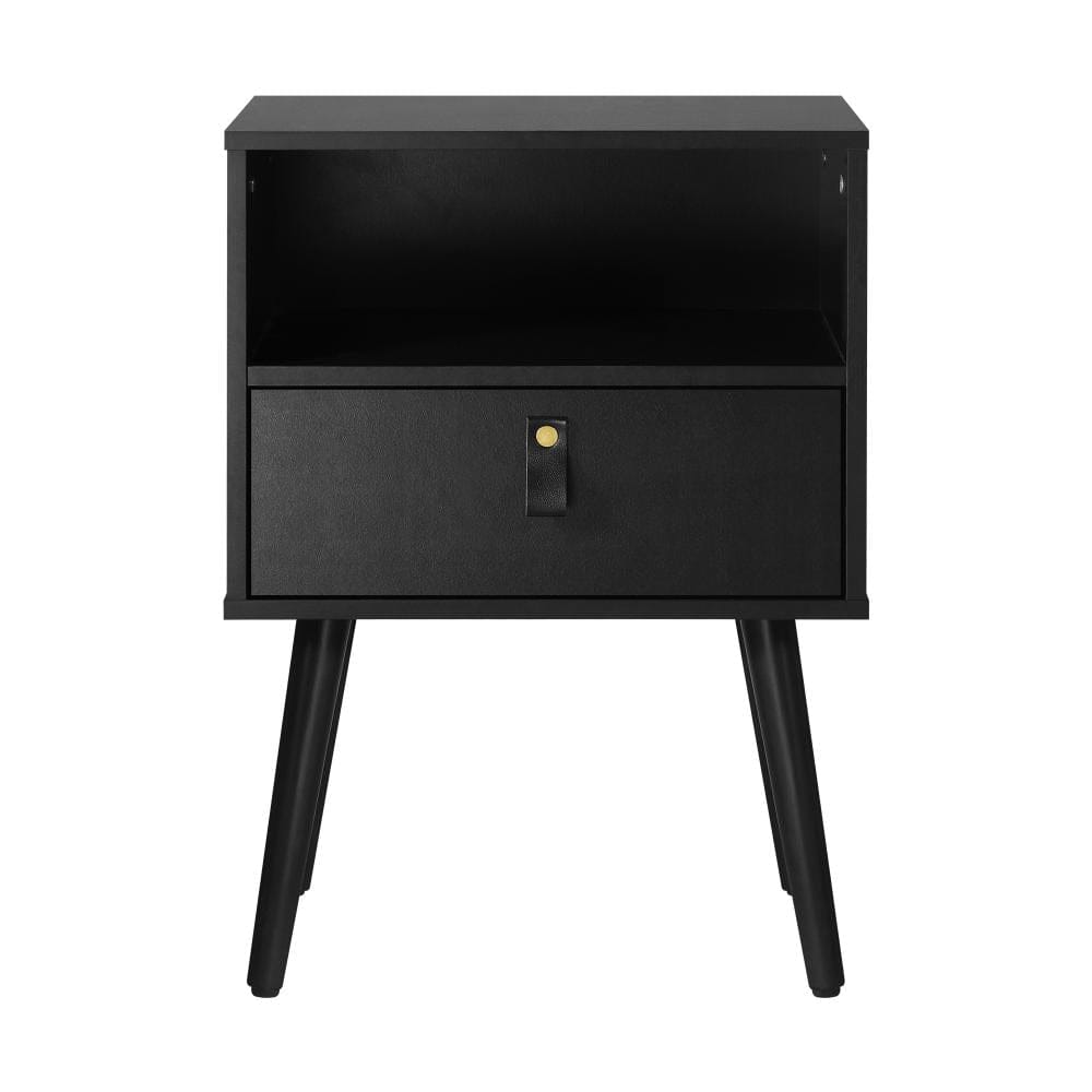 Oikiture Bedside Table Bedside Tables Side Table Drawer Storage Cabinet w/ Leather Handle Black