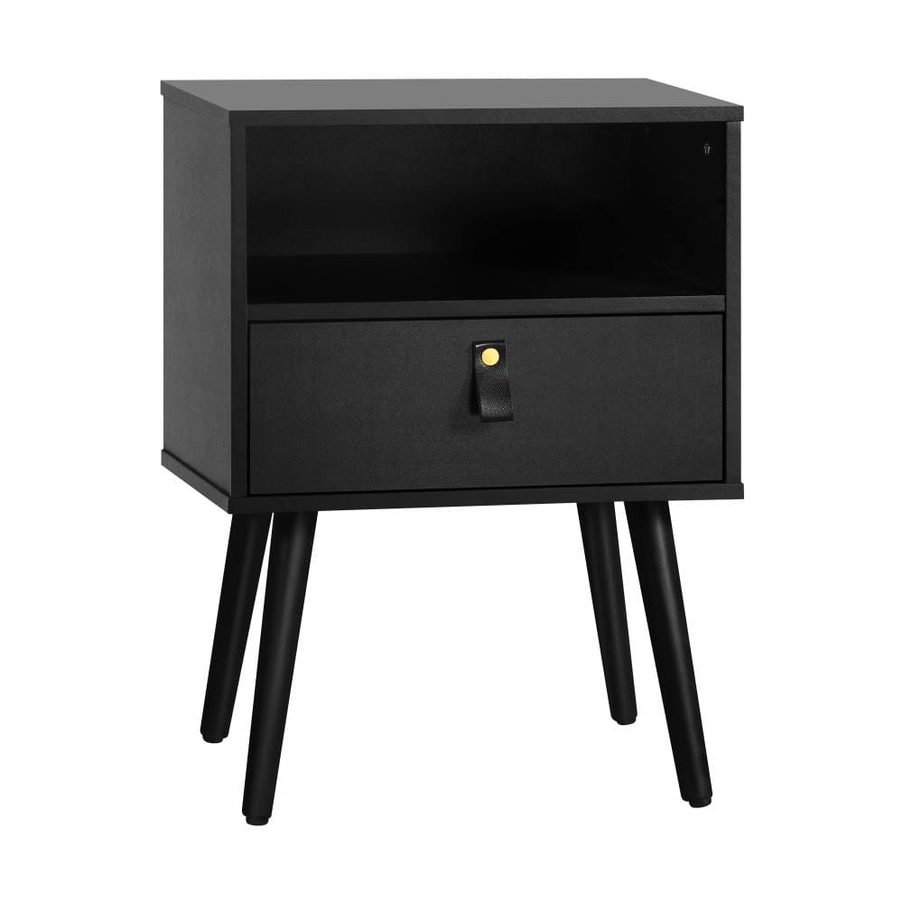 Oikiture Bedside Table Bedside Tables Side Table Drawer Storage Cabinet w/ Leather Handle Black