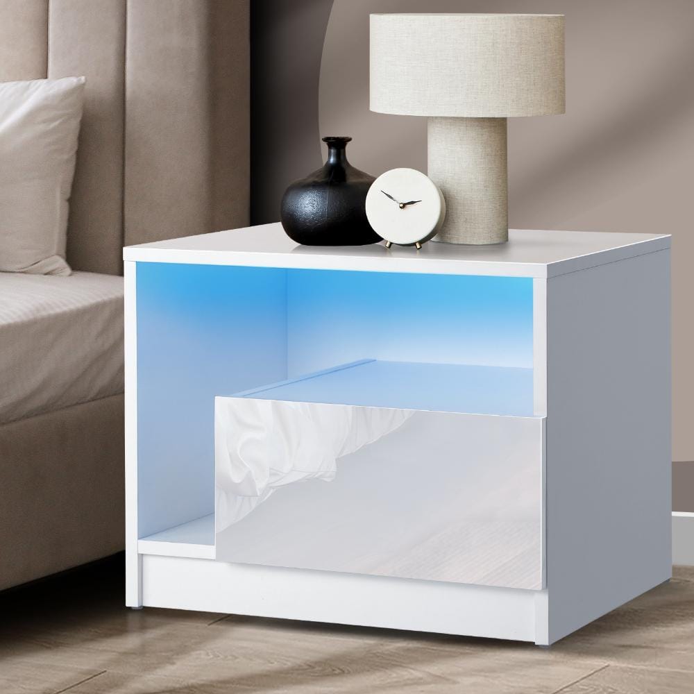 Oikiture Bedside Table Bedside Tables Side Table RGB LED Drawers High Gloss Furniture White