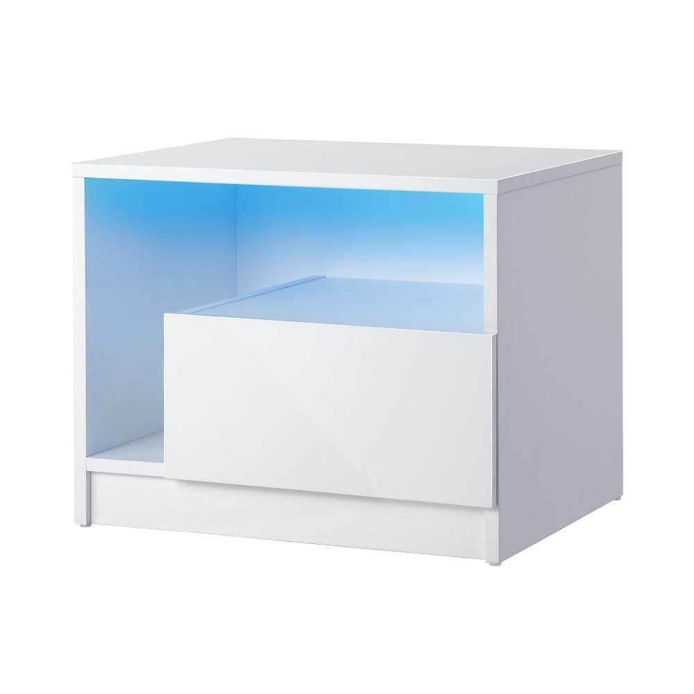 Oikiture Bedside Table Bedside Tables Side Table RGB LED Drawers High Gloss Furniture White