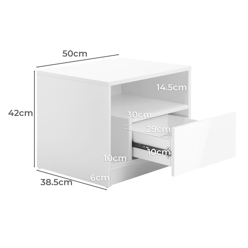 Oikiture Bedside Table Bedside Tables Side Table RGB LED Drawers High Gloss Furniture White