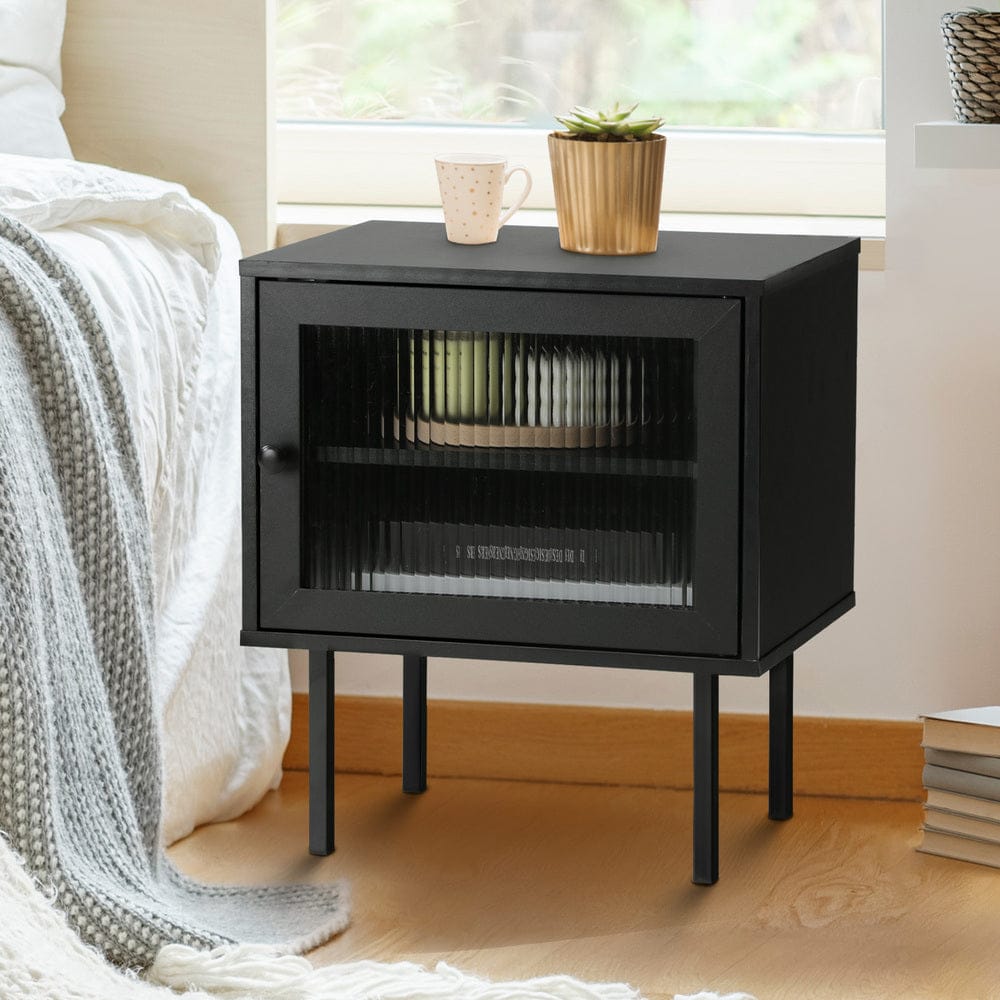 Oikiture Bedside Table Bedside Tables Storage Cabinet Wood Black