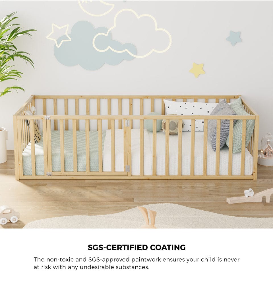 Oikiture Bedframe BEEP 2-in-1 Kids Bed Frame Single Toddler Play Guard Fence Wood