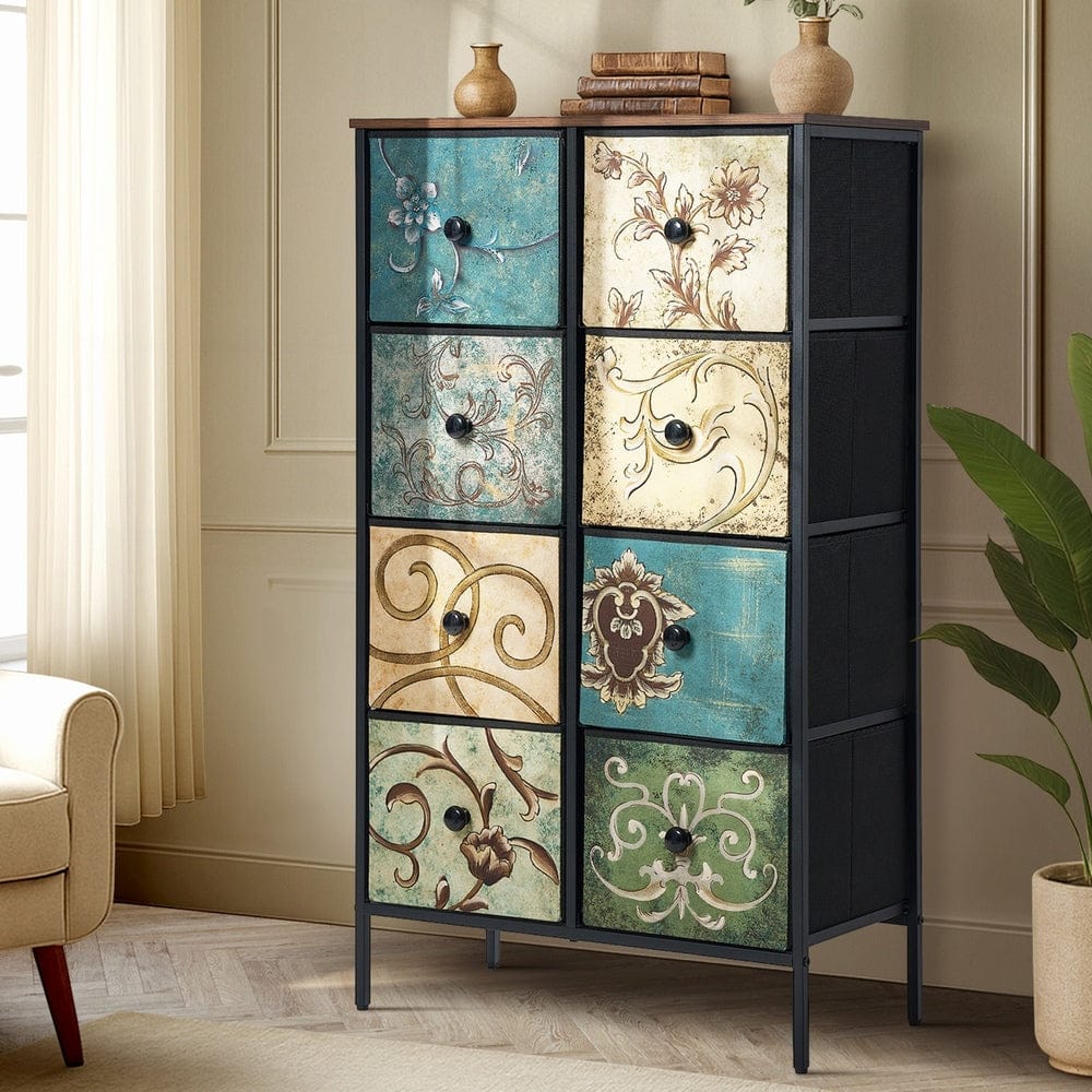 Oikiture Chest of Drawers BOHO 8 Chest of Drawers Fabric Tallboy Retro Vintage