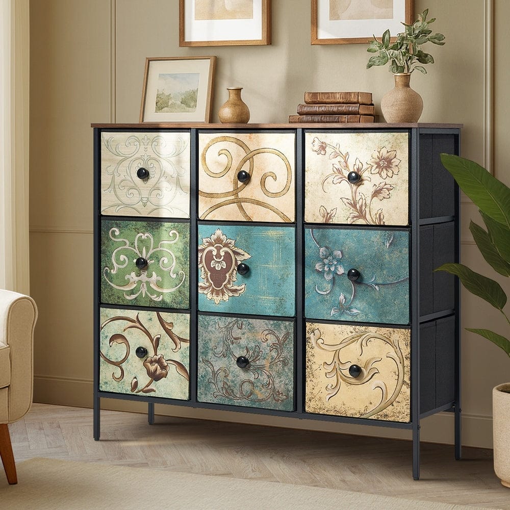 Oikiture Chest of Drawers BOHO V 9 Chest of Drawers Fabric Lowboy Retro Vintage