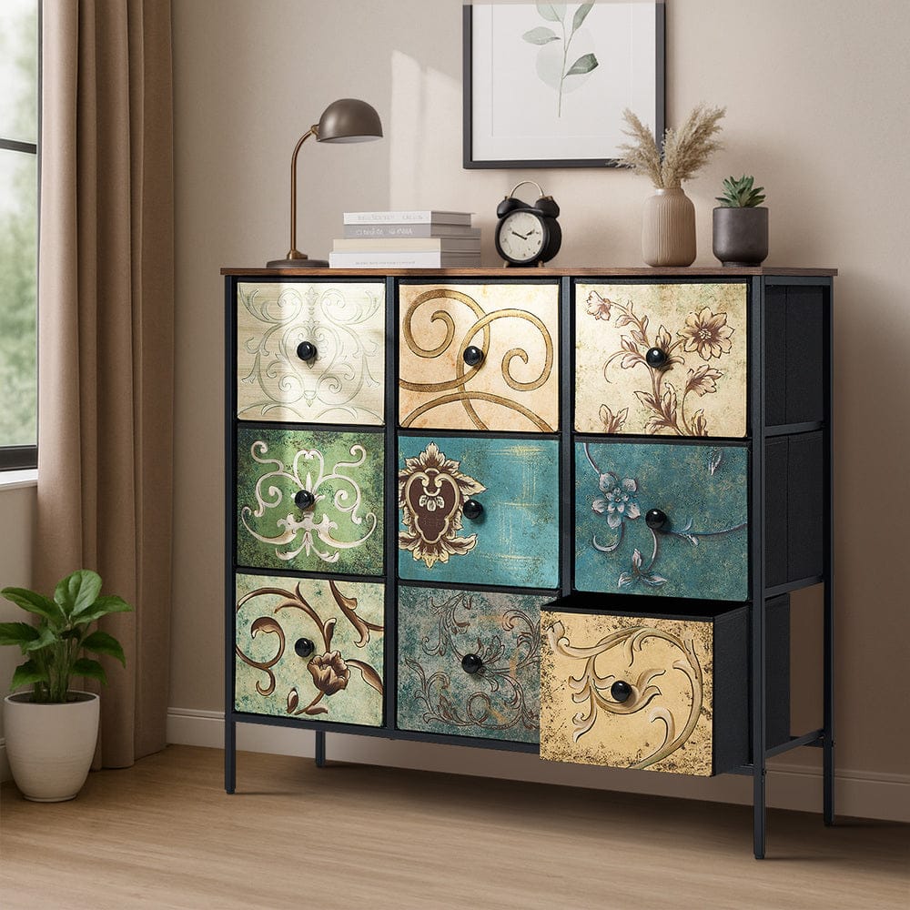 Oikiture Chest of Drawers BOHO V 9 Chest of Drawers Fabric Lowboy Retro Vintage