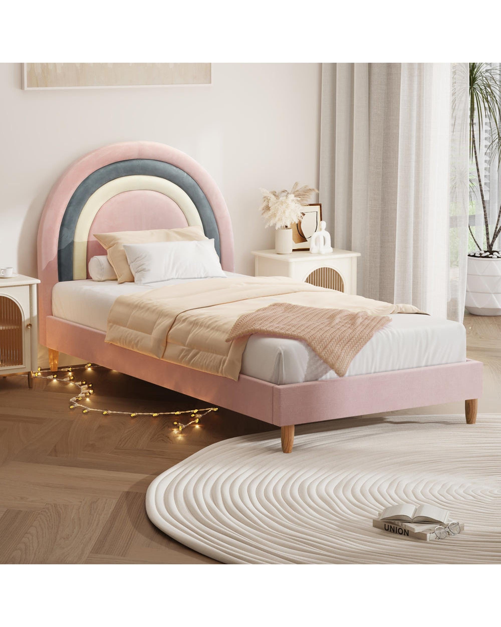 Oikiture Bedframe BOW Bed Frame Single Size Kids Bed Frame Pink Velvet