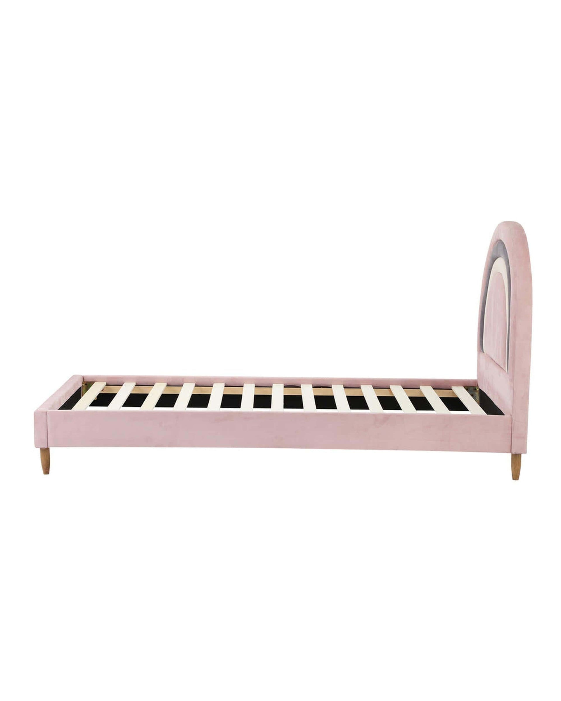 Oikiture Bedframe BOW Bed Frame Single Size Kids Bed Frame Pink Velvet