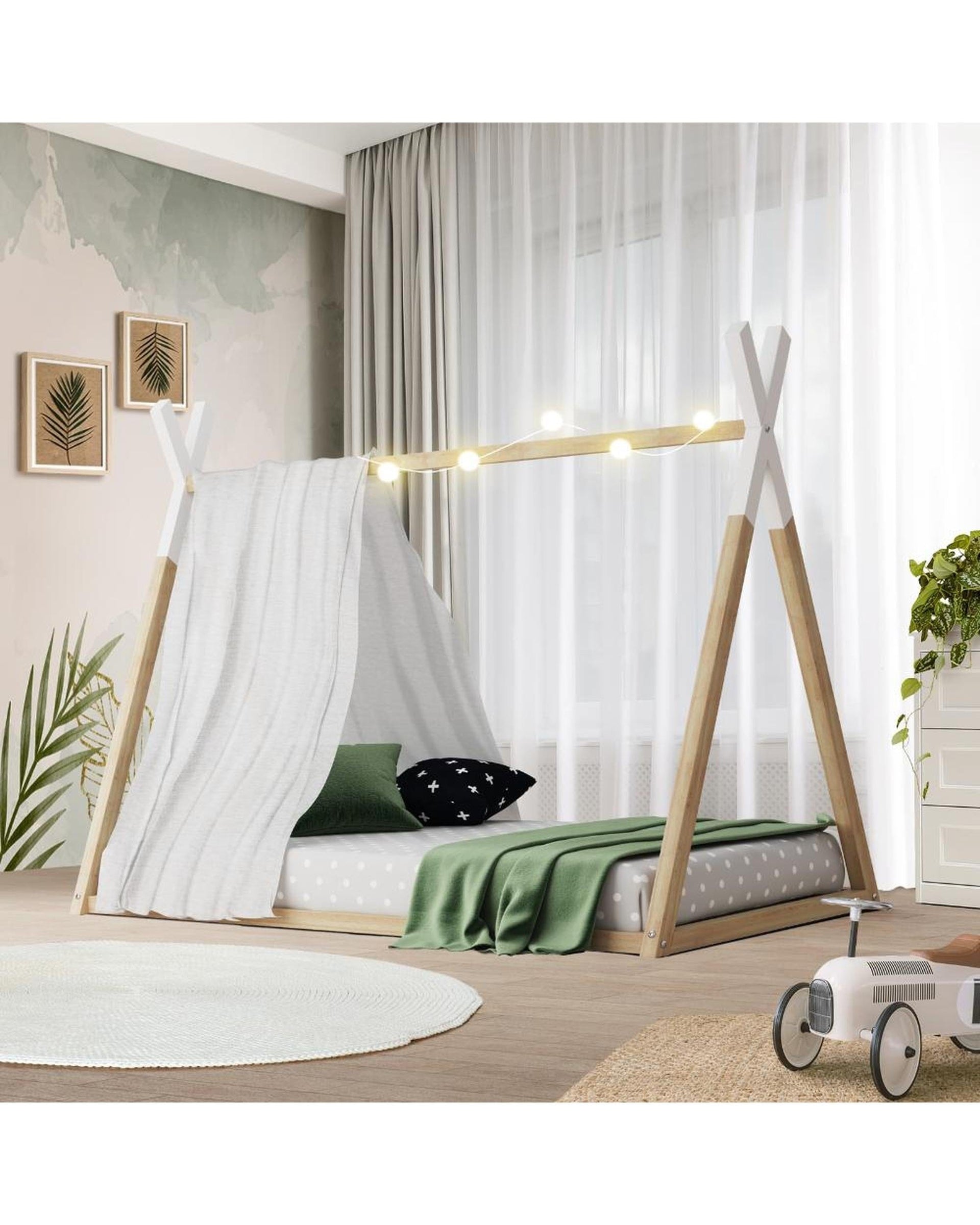 Oikiture Bedframe Cabos Wooden Bed Frame Single Timber Teepee House Mattress Base Platform