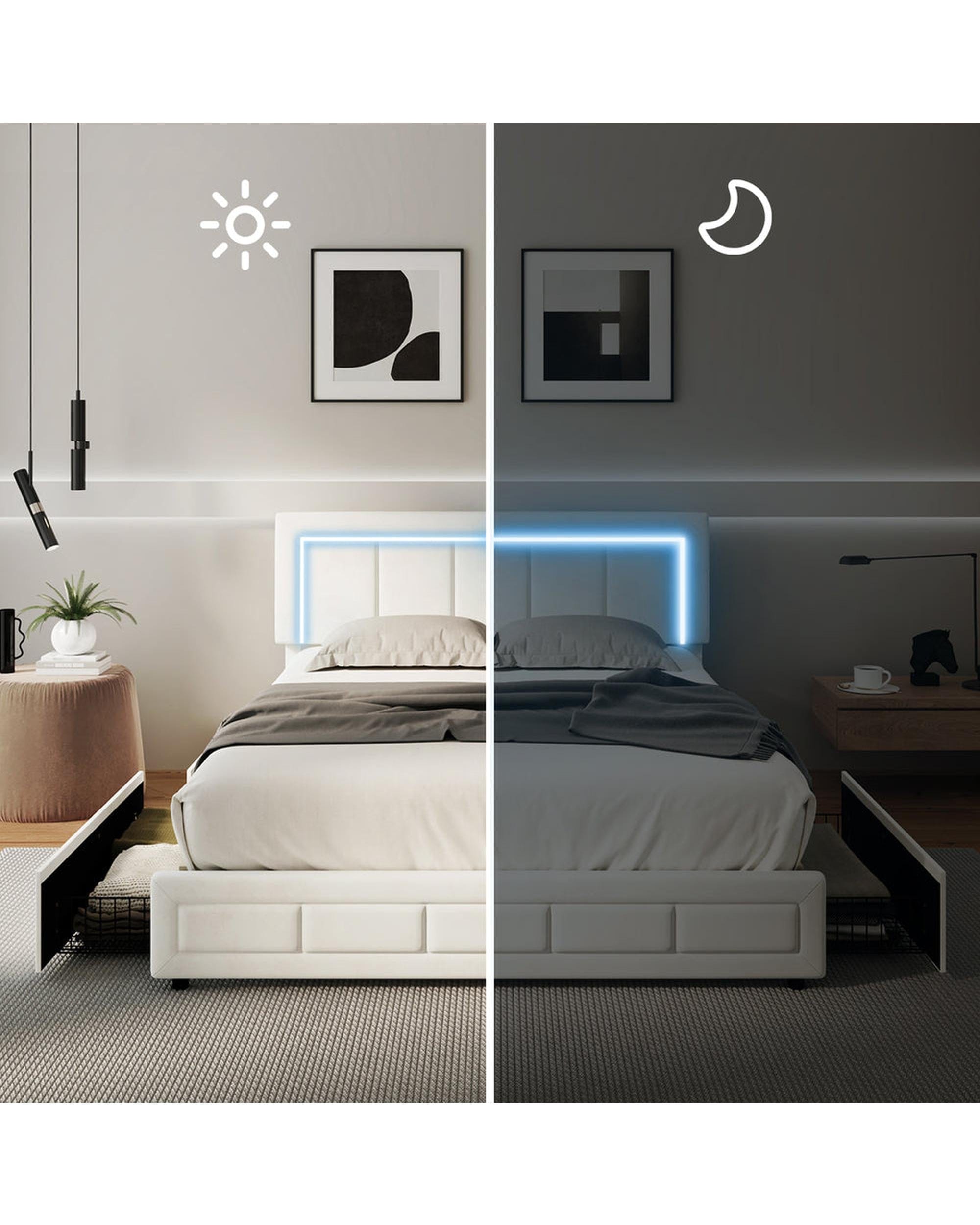 Oikiture Bedframe CLOUD LED Bed Frame 4 Drawers Adjustable Head Beige
