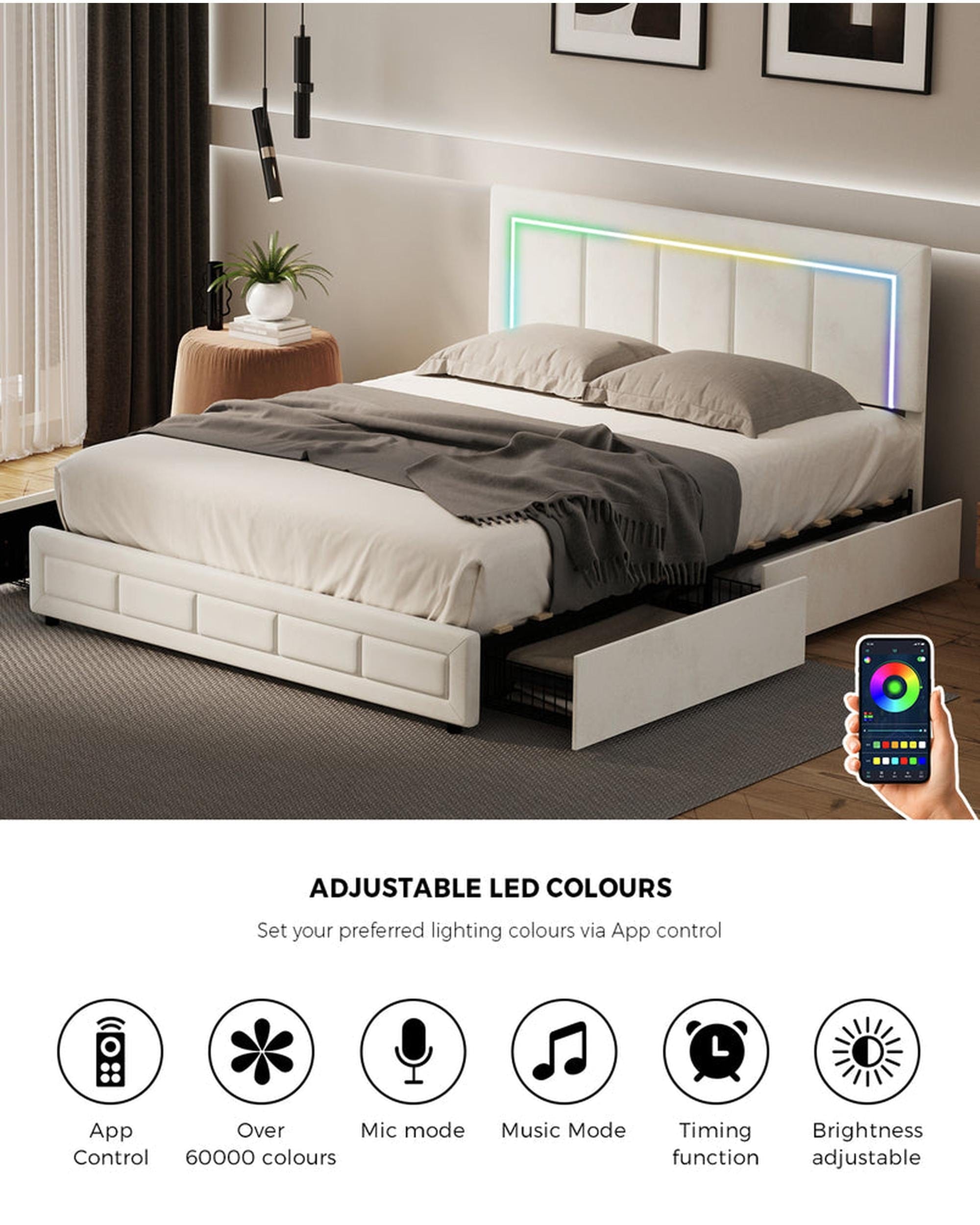 Oikiture Bedframe CLOUD LED Bed Frame 4 Drawers Adjustable Head Beige