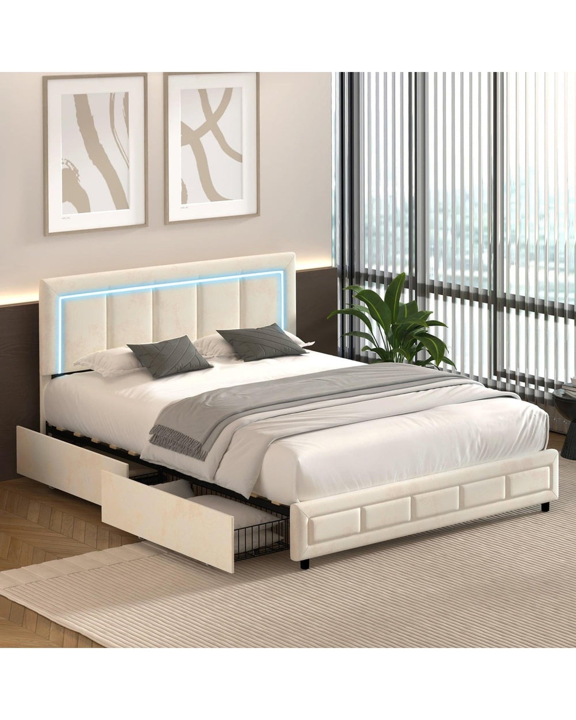 Oikiture Bedframe CLOUD LED Bed Frame 4 Drawers Adjustable Head Beige