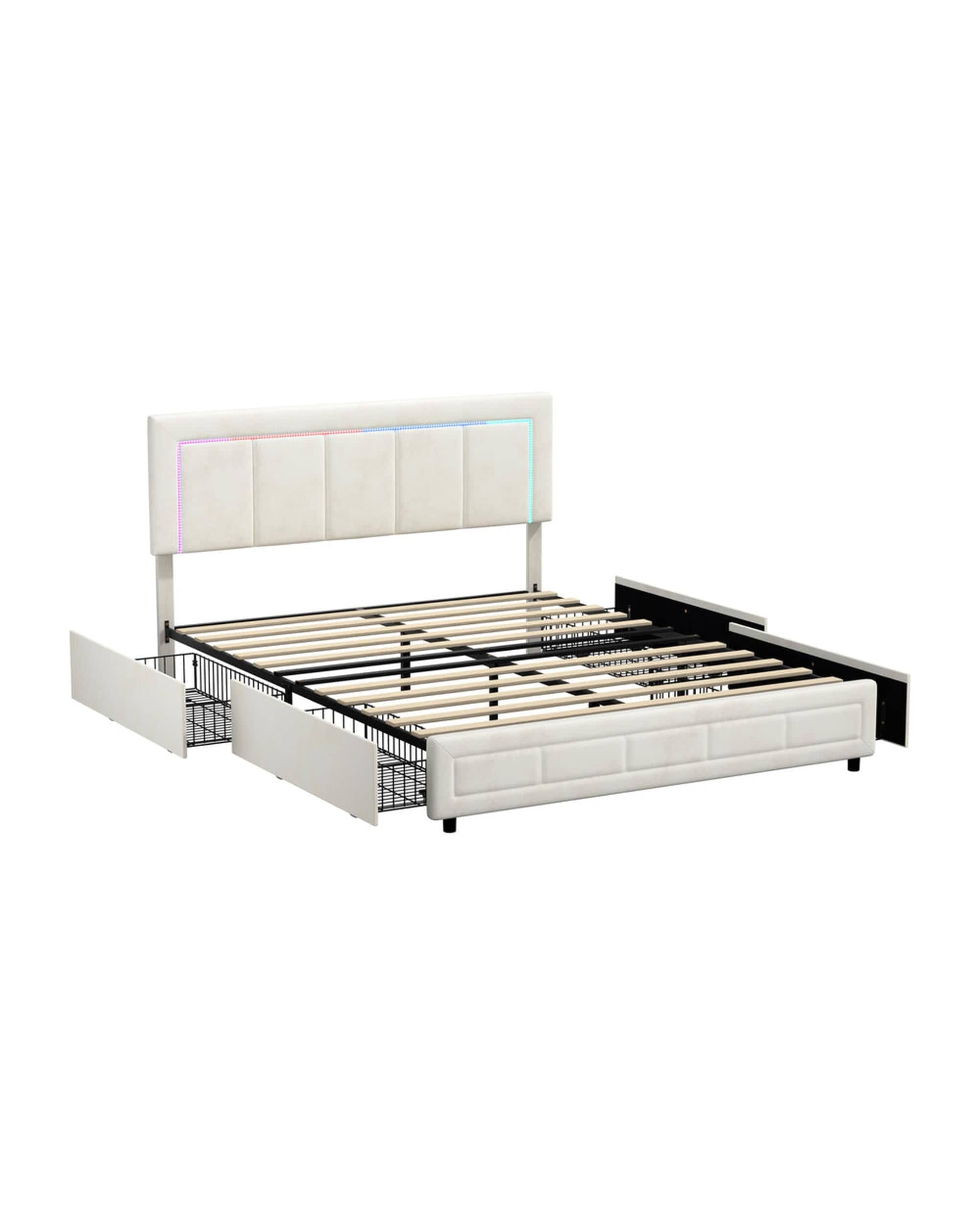 Oikiture Bedframe CLOUD LED Bed Frame 4 Drawers Adjustable Head Beige