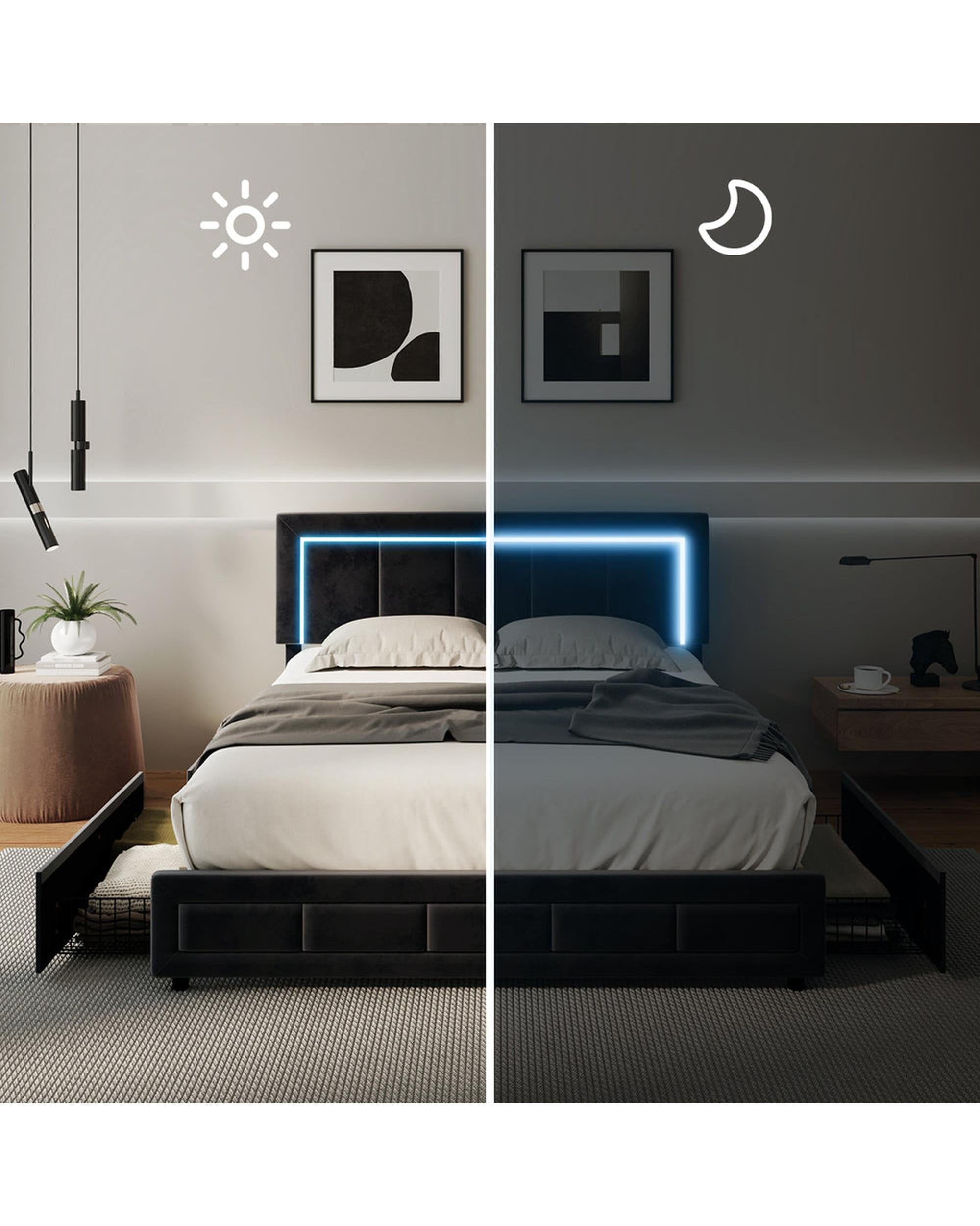 Oikiture Bedframe CLOUD LED Bed Frame 4 Drawers Adjustable Head BLACK