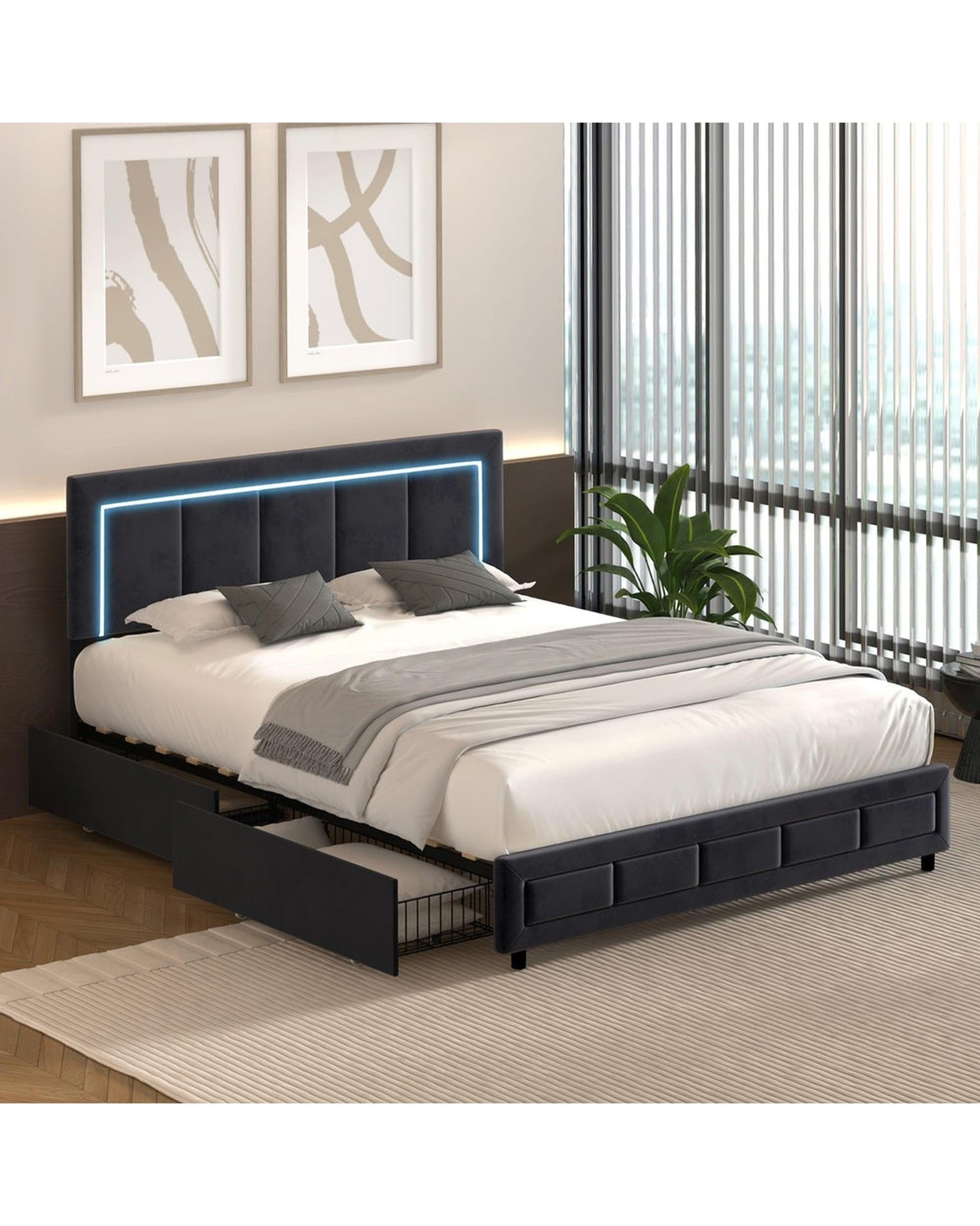 Oikiture Bedframe CLOUD LED Bed Frame 4 Drawers Adjustable Head BLACK