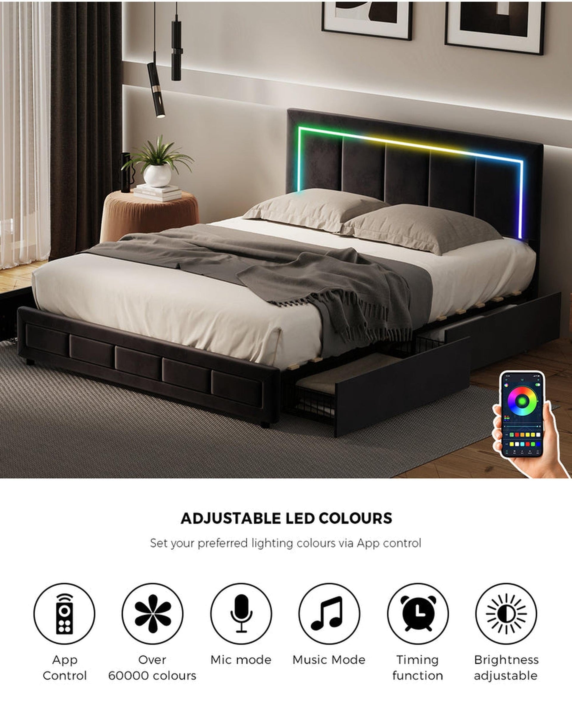 Oikiture Bedframe CLOUD LED Bed Frame 4 Drawers Adjustable Head BLACK