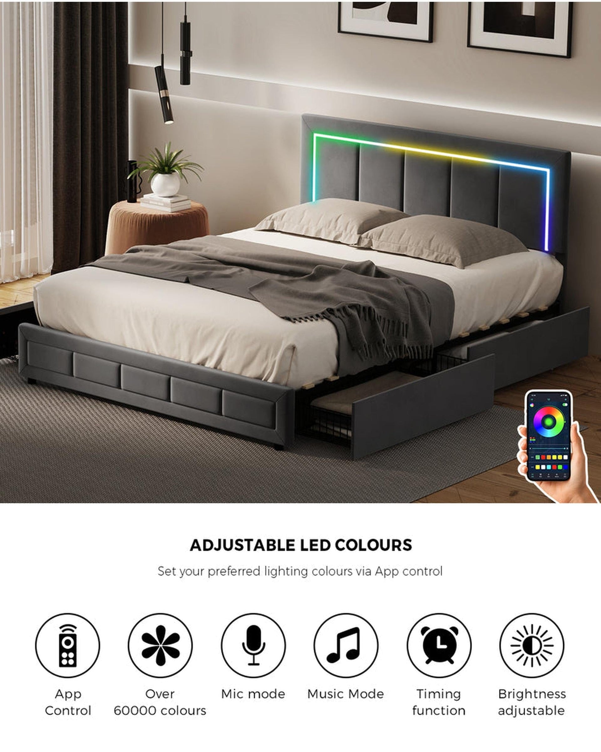 Oikiture Bedframe CLOUD LED Bed Frame 4 Drawers Adjustable Head Velvet
