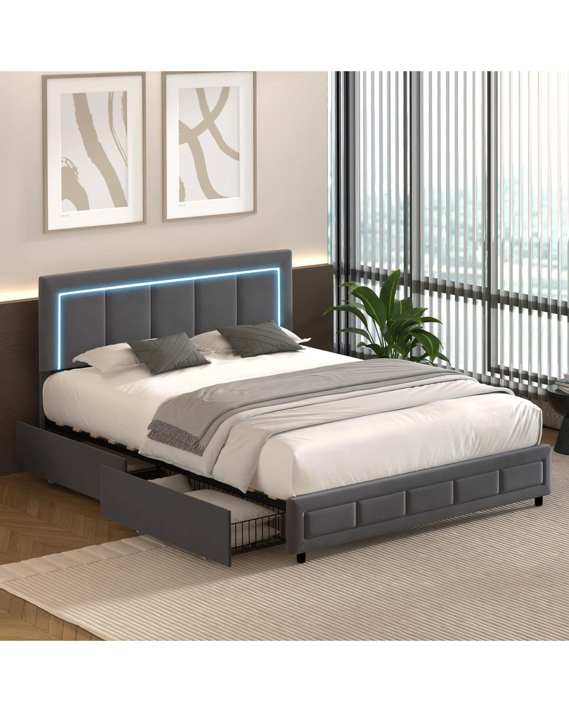 Oikiture Bedframe CLOUD LED Bed Frame 4 Drawers Adjustable Head Velvet