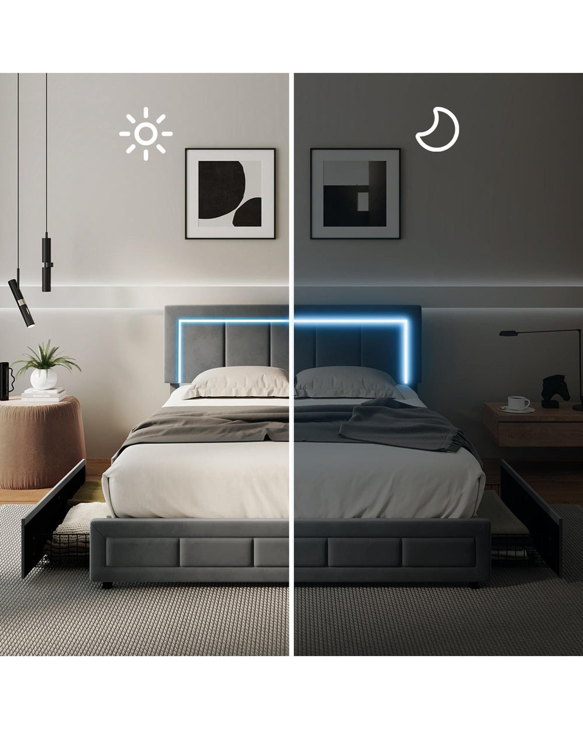 Oikiture Bedframe CLOUD LED Bed Frame 4 Drawers Adjustable Head Velvet