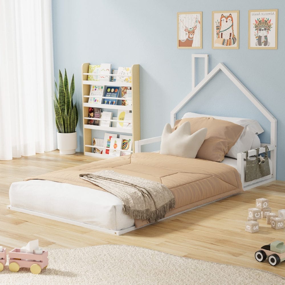 Oikiture Bedframe Coommaa Wooden Kids Bed Frame Floor Beds Chimney King Single White