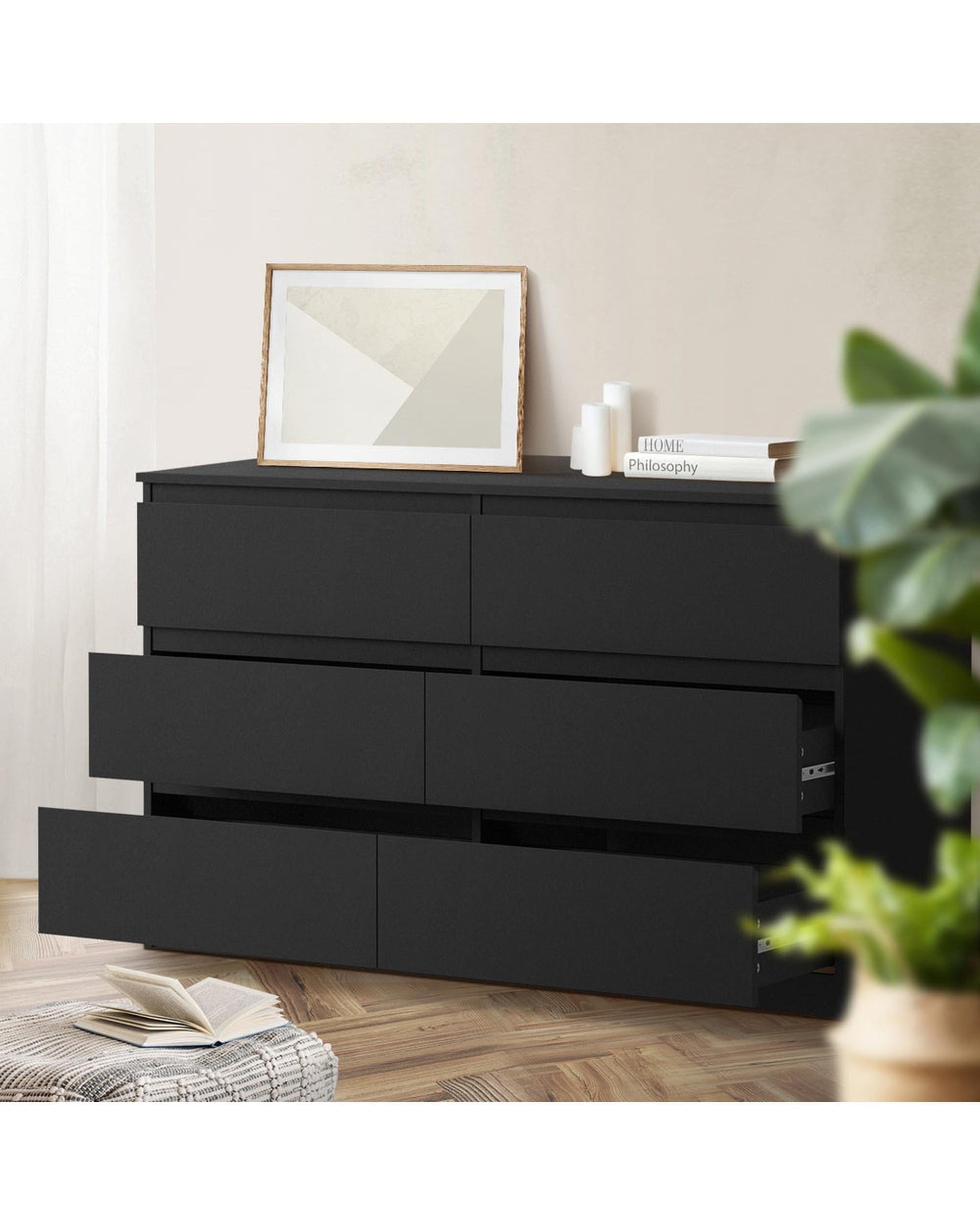 Oikiture Chest of Drawers CORE 6 Chest of Drawers Lowboy Dresser Table Bedroom Black