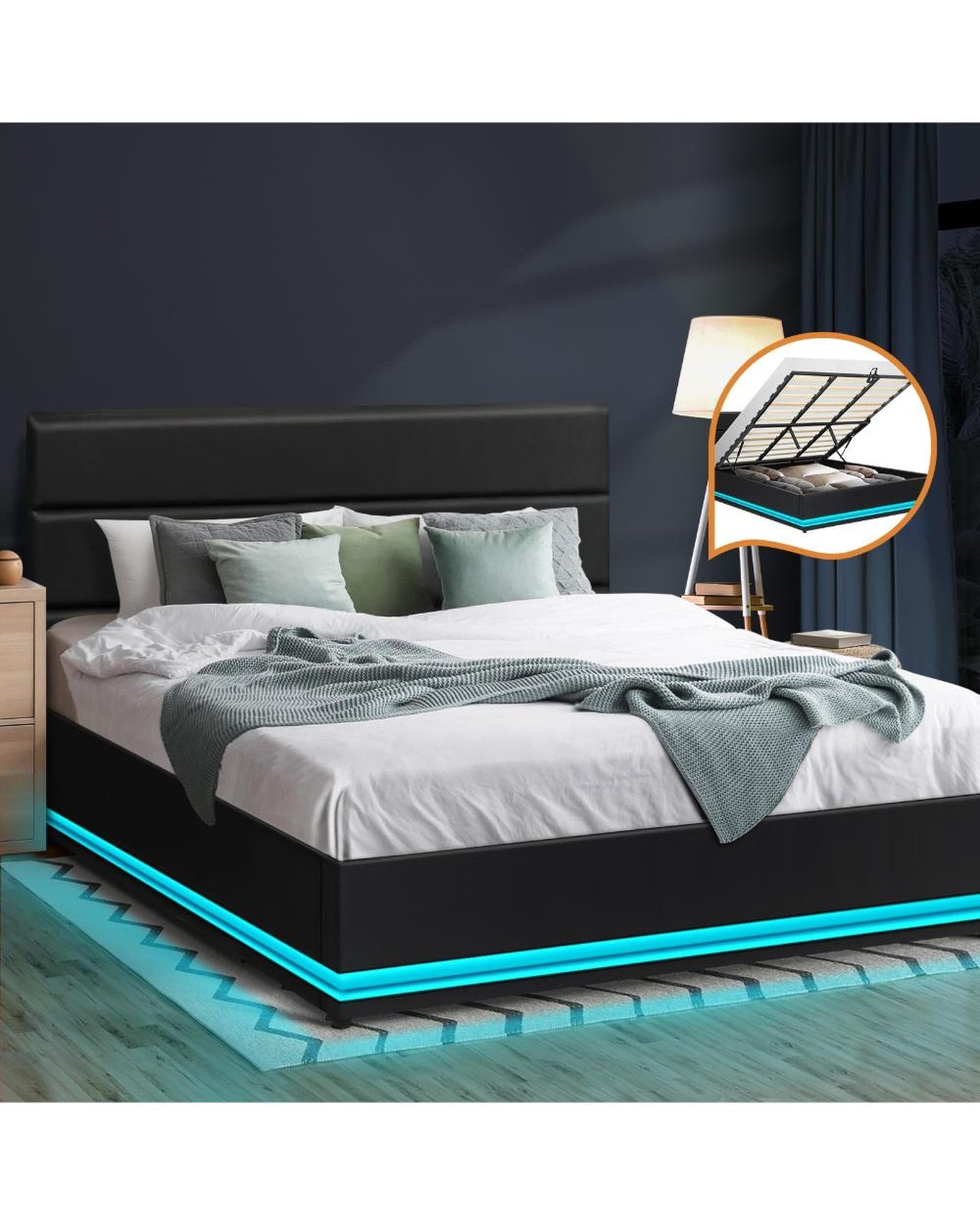 Oikiture Bedframe Costa Bed Frame, RBG Mattress Base with Gas Lift and Storage Space Black