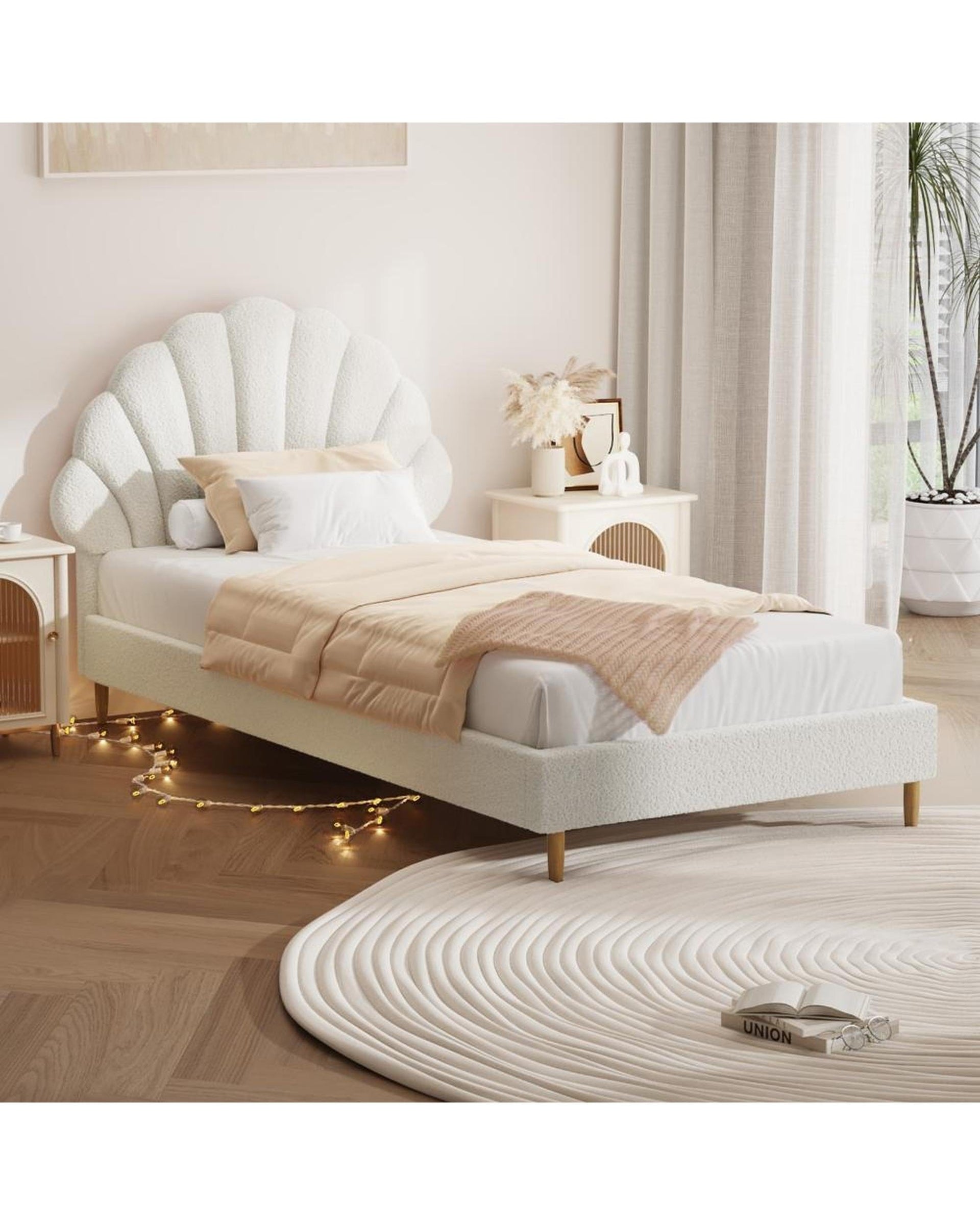 Oikiture Bedframe COVE Frame Scallop-Shape Bedhead White Boucle