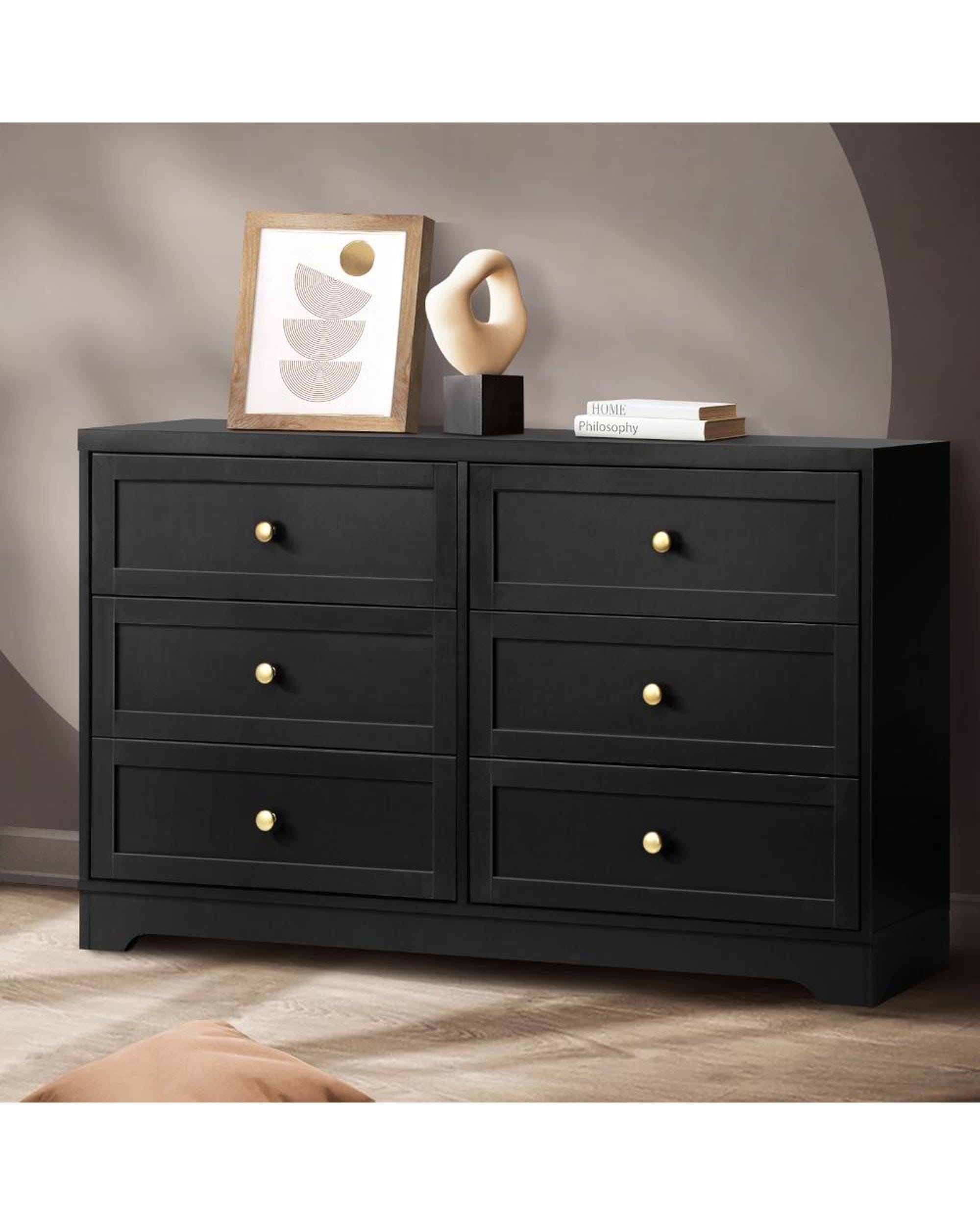 Oikiture Chest of Drawers DAIN Chest of Drawers with 6 Drawers Dresser Tallboy Storage Cabinet Black