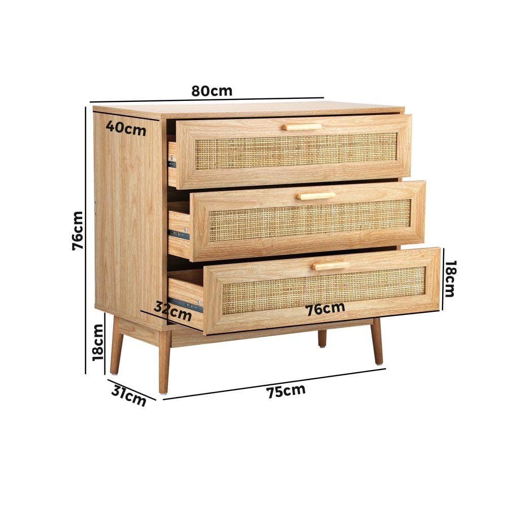 Oikiture Chest of Drawers DAVIN 3 Chest of Drawers Tallboy Cabinet Clothes Storage Rattan Furniture