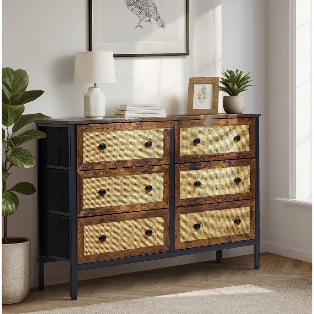 Oikiture Chest of Drawers DIMA 6 Chest of Drawers Rattan Fabric Dresser Tallboy
