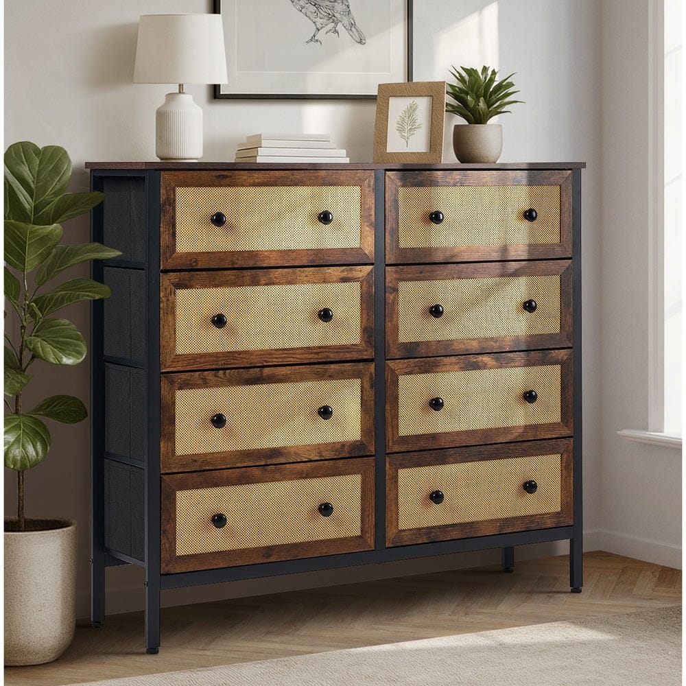Oikiture Chest of Drawers DIME 8 Chest of Drawers Rattan Fabric Dresser Tallboy