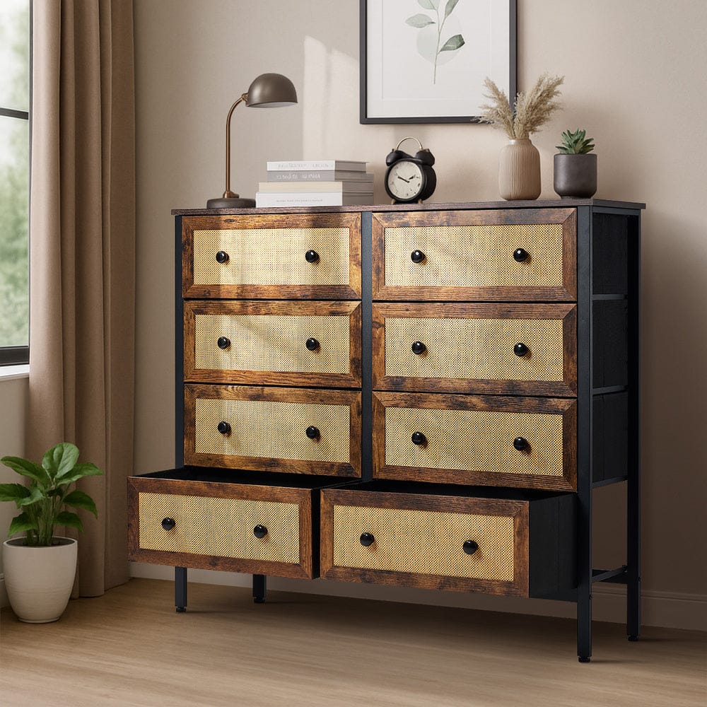 Oikiture Chest of Drawers DIME 8 Chest of Drawers Rattan Fabric Dresser Tallboy
