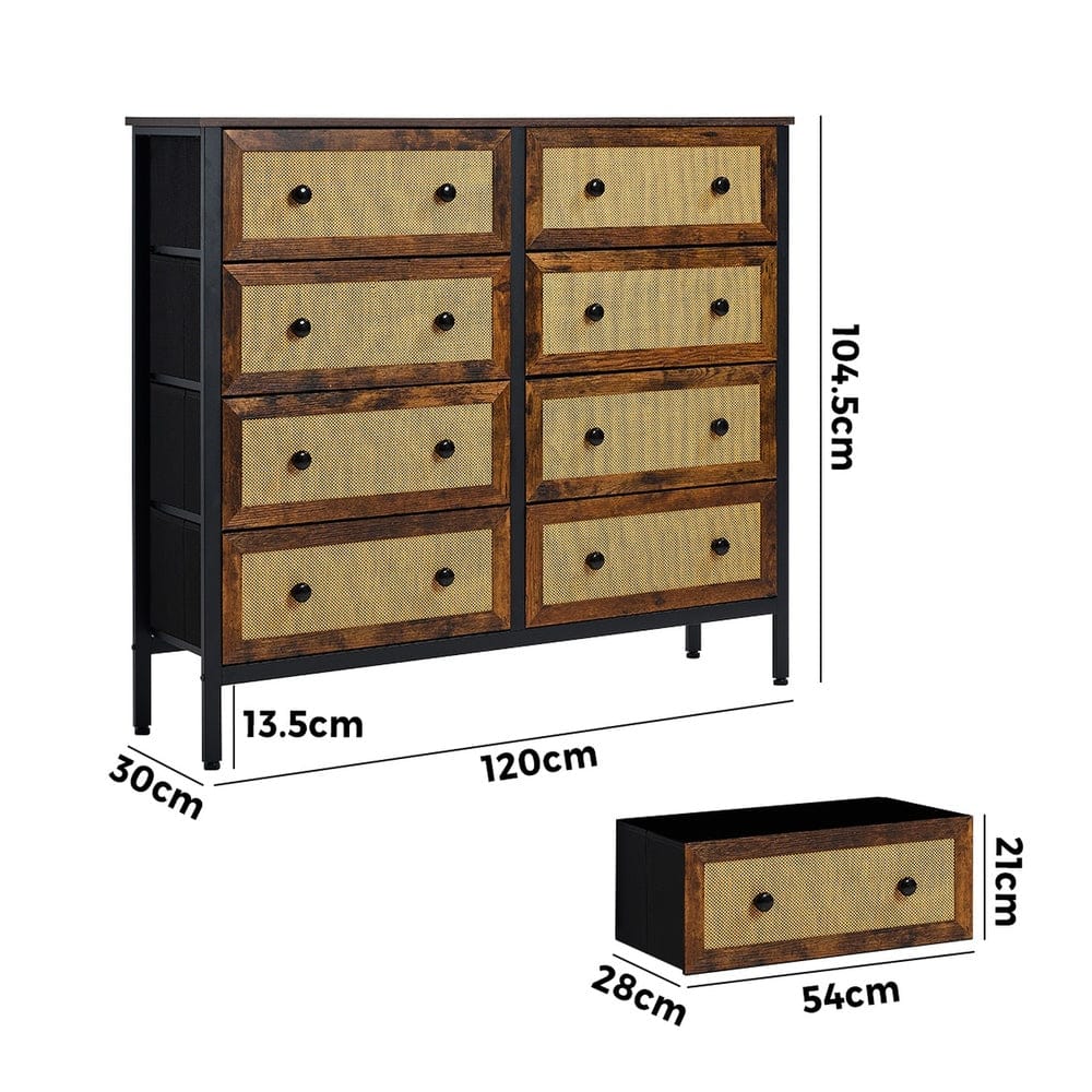 Oikiture Chest of Drawers DIME 8 Chest of Drawers Rattan Fabric Dresser Tallboy