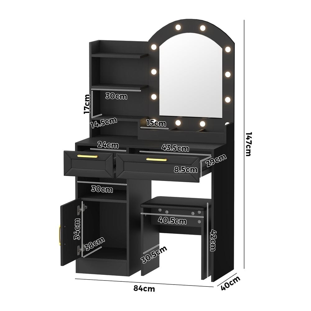 Oikiture Dressing Table Dressing Table Stool Set Arch Mirror 12 LED Bulbs Black