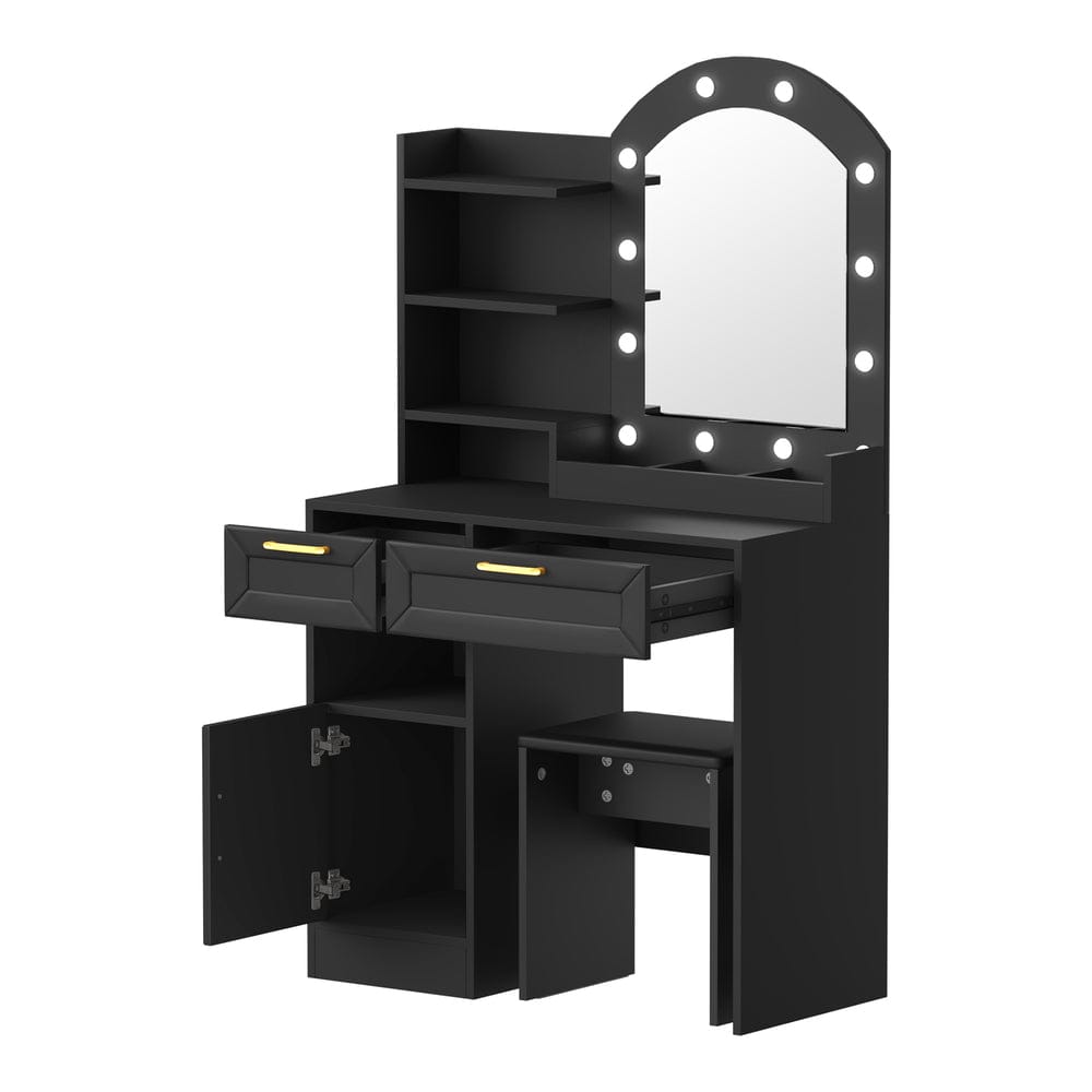 Oikiture Dressing Table Dressing Table Stool Set Arch Mirror 12 LED Bulbs Black