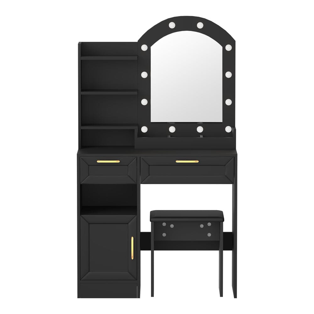 Oikiture Dressing Table Dressing Table Stool Set Arch Mirror 12 LED Bulbs Black